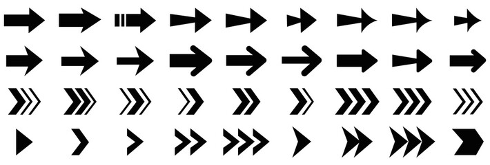 Set of various arrow icons. Black arrow icon shape isolated in white background for design projects.