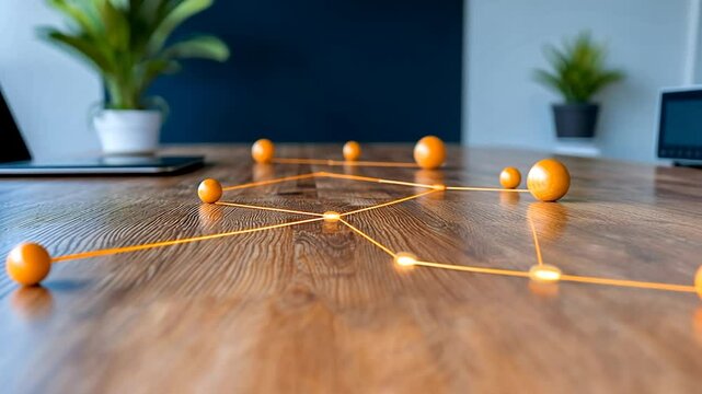 Network Connection: Interconnected Spheres on Wooden Table
