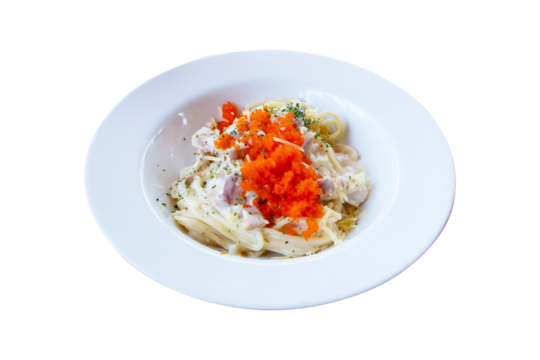 Spaghetti with shrimp with seafood salad flavor with Crab eggs and cheese on top on white plate. Noodles beautiful and delicious Italian food. Isolated on cutout PNG or transparent background.