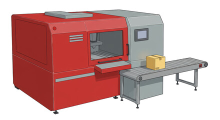 Isolated Industrial Machine with Conveyor Belt and Box