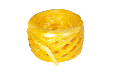 Dark yellow plastic straw rope in rolls circle rolls. Used to tie things or pack products tightly so they don't fall apart. Isolated on cut out PNG or transparent background.
