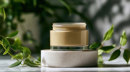 Jar of green clay body scrub on marble pedestal near window with eucalyptus leaves