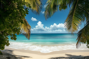 Tropical beach scene framed by lush foliage.