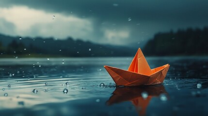 An orange paper boat floating on water with raindrops falling around it