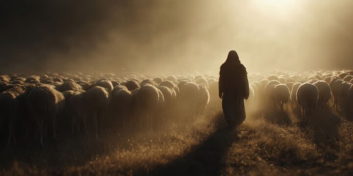Shepherd Jesus Christ Leading Flock in Prayer Under Bright Sunlight