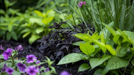 Obraz premium Close up of dark leaved plants in a lush garden setting. Illustrates gardening, landscaping, and natural beauty.