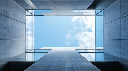 Upward view of modern building with glass windows and blue sky