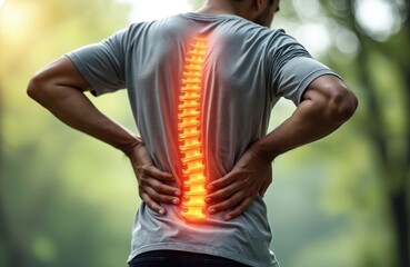 Man experiences back pain, touching spine. Visible red highlight of spine. Medical concept for health. Person injury, ache chronic inflammation. Healthcare illustration about spine problems. Focus on