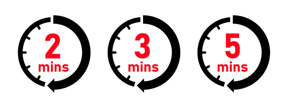 Minute timer icon set with 2, 3, 5 minutes clock vector in red and black color. Flat timer, countdown, clock, stopwatch signs.