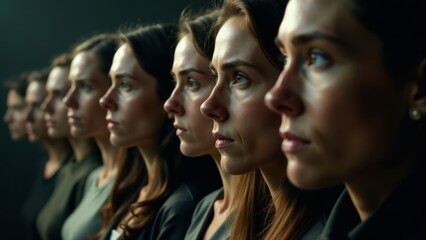 lineup of people, dark background fading into shadows high contrast with rim lighting