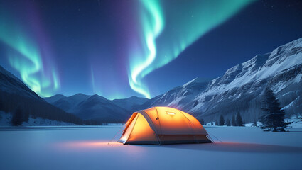 Glowing Tent Under Northern Lights in Snowy Mountain Winter Landscape