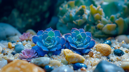 Stunning close-up of two vibrant blue echeveria succulents nestled amongst smooth stones and sand, creating a serene and captivating scene.