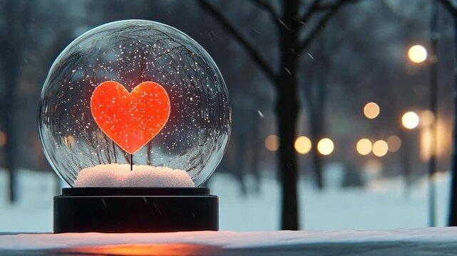snow globe with red heart inside on dark background. Valentines day, Christmas greeting card.World Introvert Day, Singles Awareness Day (SAD), National Solitude Day,	
