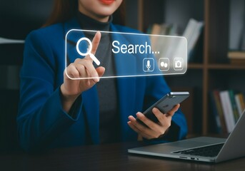 SEO and Web Search Interface Concept with Smartphone and Search Bar Interaction.