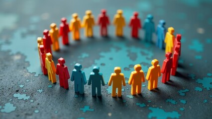 Aerial shot of colorful miniature people figures forming a perfect circle on textured dark ground symbolizing global connection and community