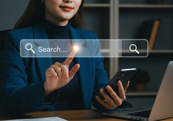 SEO and Web Search Interface Concept with Smartphone and Search Bar Interaction.