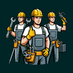 Fototapeta premium Colorful cartoon builder mascot illustration flat style character with construction gear holding tool wearing helmet for contractor business branding design