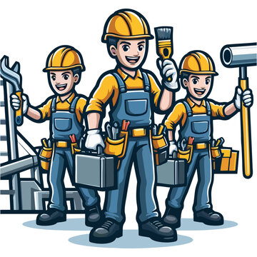 Flat cartoon worker mascot vector illustration wearing safety vest and helmet with cheerful expression holding wrench for construction services branding and logo

