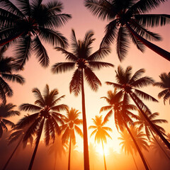 Sunset View of Tall Tropical Coconut Palm Trees from Low-Angle Perspective with charming sky Silhouetted Fronds, and Soft Gradient Sky Capturing a Serene, 