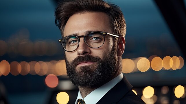 Bearded man wearing glasses is posing in a suit with a patterned tie against an out-of-focus cityscape background.