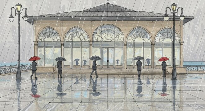 Minimalist Line Sketch of a Rainy Day at Konak Pier
