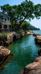 Naklejka premium Thailand's tropical island in the sea boasts a summer landscape with trees near the water
