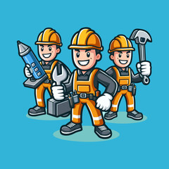 Cartoon mascot character of construction worker holding tool box in uniform wearing helmet and smiling pose flat vector design for builder service marketing campaign branding