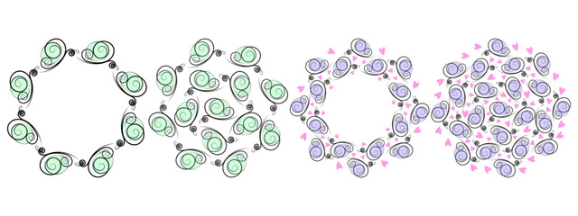 Stylized butterflies and decorative hearts Summer Circular Frame border and filled Backgrounds Set