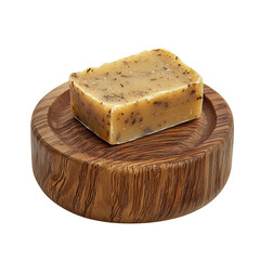 Natural soap on wooden dish, showcasing organic ingredients and rustic design. Perfect for eco friendly lifestyles and bathroom decor
