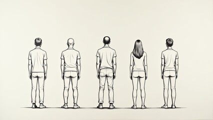 Single continuous line drawing of five different people standing side by side minimalist black lines