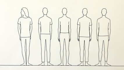 Single continuous line drawing of five different people standing side by side minimalist black lines