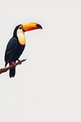 Naklejka premium illustration of a toucan perched on the left side of the image against a white background, clear copy space on the right for text