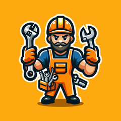 Cartoon builder mascot in flat vector style holding power drill wearing gloves and hard hat with confident smile for construction services branding and company campaign design