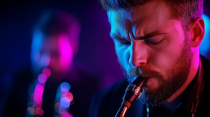 Bearded man plays saxophone under bright neon lighting in a dark venue. - high quality Bearded man plays saxophone under bright neon lighting in a dar