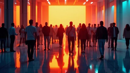 Backlit crowd of people of various ethnicities and ages in silhouette reflections on glossy floor warm ambient lighting 