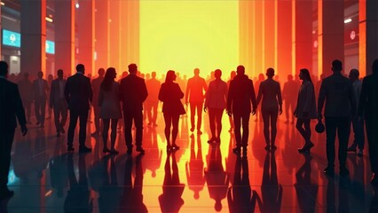 Backlit crowd of people of various ethnicities and ages in silhouette reflections on glossy floor warm ambient lighting 