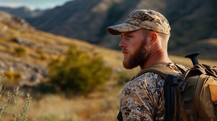 Bearded man wearing camouflage clothing looks pensively into the distance in a mountainous, grassy environment.