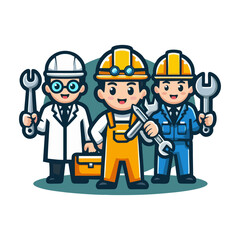 Builder mascot cartoon character in bright colors with hammer and hard hat smiling pose flat vector illustration for construction site contractor company visual identity