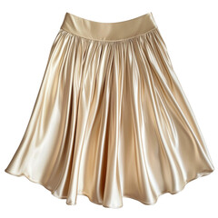 shiny, beige satin skirt with flared design and gathered waist, perfect for elegant occasions and stylish outfits