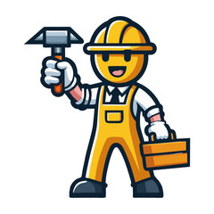 Flat vector construction worker mascot cartoon design with cheerful pose safety helmet and working gear illustration for builder services handyman branding and marketing