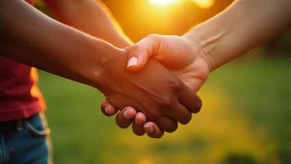 Close-up shot of hands of different ethnicities reaching toward each other in unity, golden hour lighting