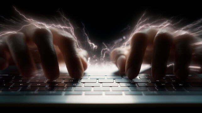 Top-down photorealistic shot of hands typing at lightning speed on a MacBook Air, with electric motion trails and glowing blur effects for extreme velocity.
