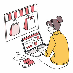 Woman online shopping using laptop at home comfortable clothes