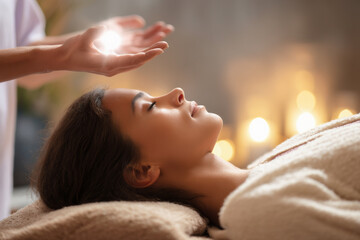 Therapist channeling energy to patient during reiki healing session in spa salon with candles in background