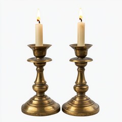 Antique brass candle holders with burning candles