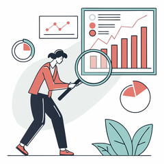Woman analyzing business growth charts data magnifying glass