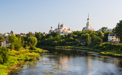 Torzhok, Tver region, Russia - 8 July 2021: Aerial Panoramic view on Novotorzhsky Boris and Gleb Monastery and Torzhok