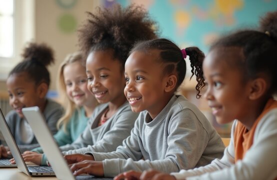 Diverse group of elementary students using laptops in classroom. Children engaged in computer-based learning lesson with happy smiles. Tech-savvy kids focused on education. STEM education in modern