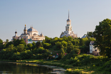 Torzhok, Tver region, Russia - 8 July 2021: Aerial Panoramic view on Novotorzhsky Boris and Gleb Monastery and Torzhok