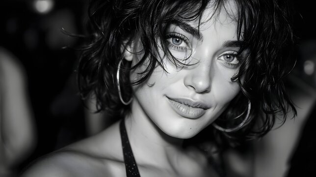 Portrait noir et blanc d'une femme aux cheveux boucl&eacute;s et regard intense